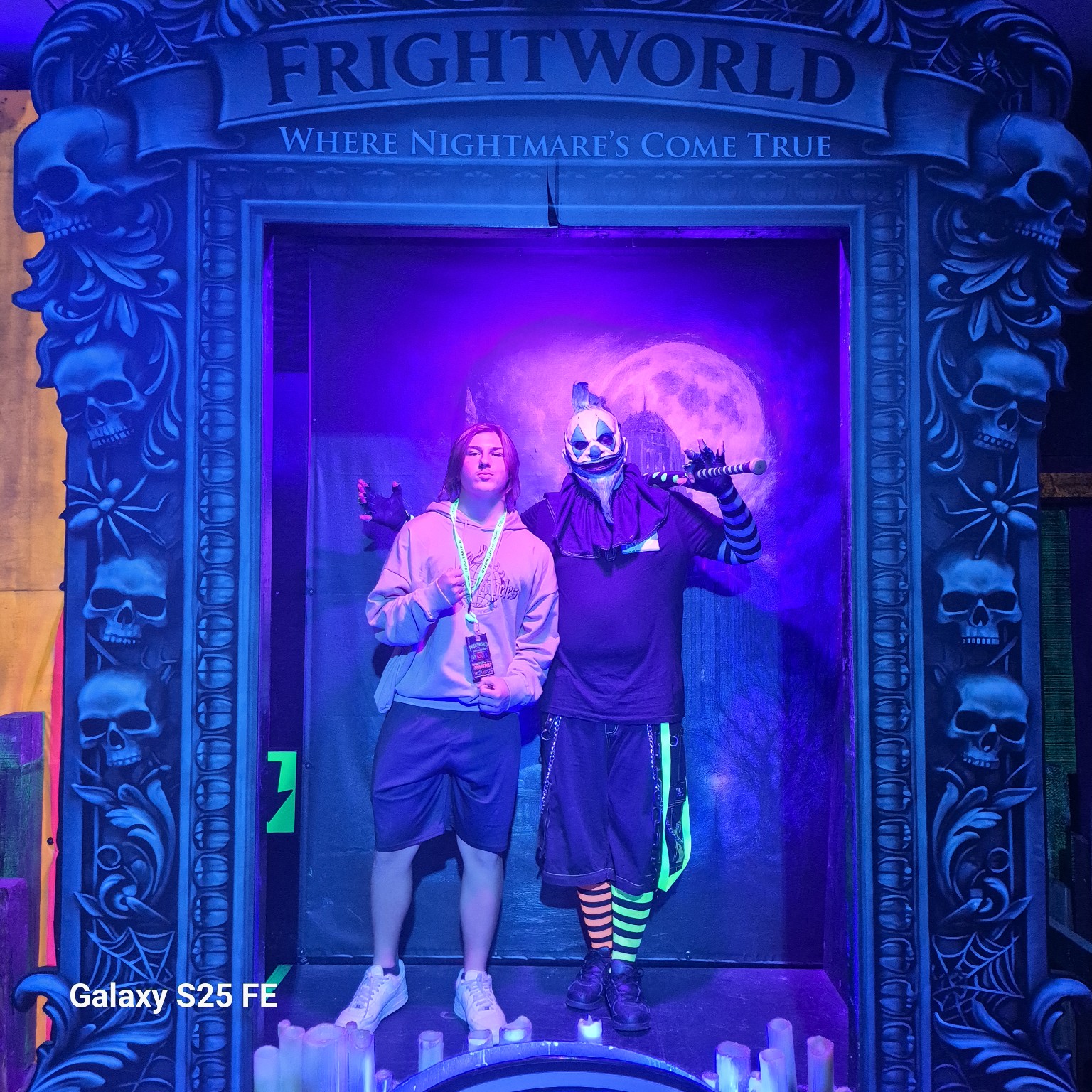 Jam Man and Frightworld clown at the skull-themed photo booth, photo one
