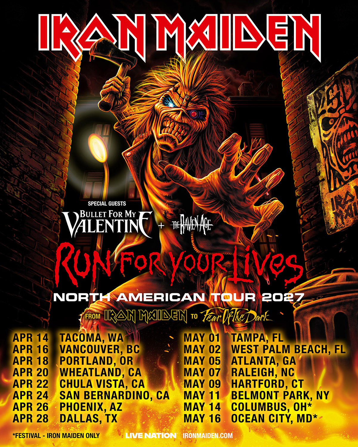 Official Iron Maiden 2027 North American tour poster listing the announced concert dates